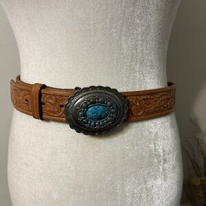 Vtg Unbranded Tooled Brown Leather Western Belt W Faux Turquoise Silver Buckle M